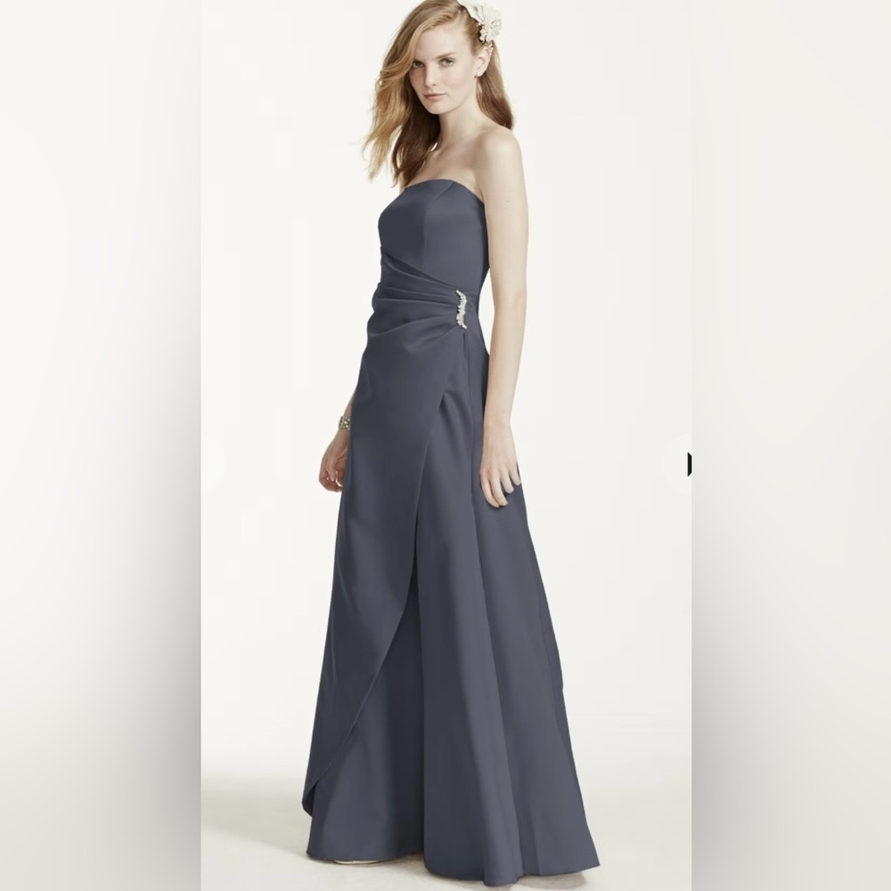 David’s Bridal Pewter Satin Gown With Side Drape Brooch Size 8